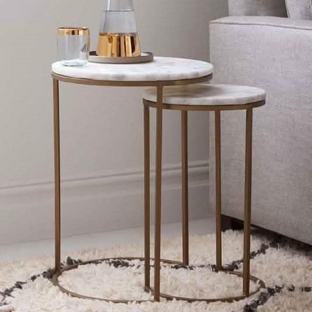 طقم ترابيزات جانبية متداخلة معدن بسطح رخام، قطعتين