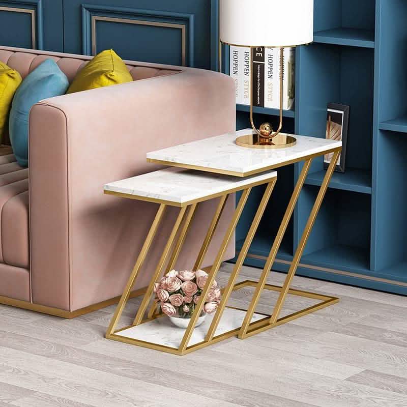 طقم ترابيزات جانبية ستيل بسطح رخام، قطعتين