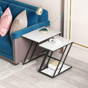 طقم ترابيزات جانبية ستيل بسطح رخام، قطعتين