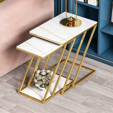 طقم ترابيزات جانبية ستيل بسطح رخام، قطعتين