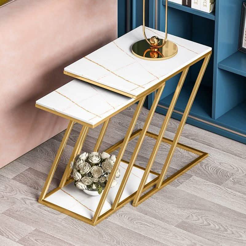 طقم ترابيزات جانبية ستيل بسطح رخام، قطعتين