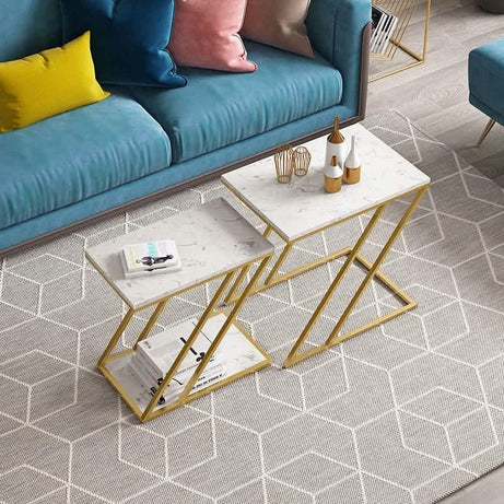 طقم ترابيزات جانبية ستيل بسطح رخام، قطعتين