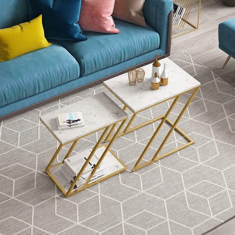 طقم ترابيزات جانبية ستيل بسطح رخام، قطعتين