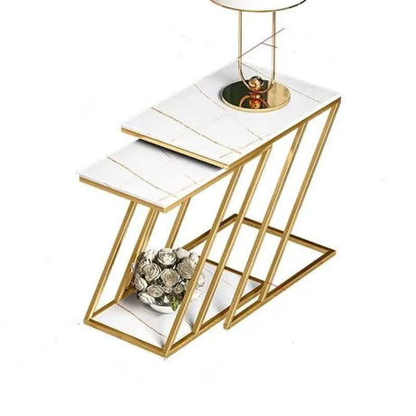 طقم ترابيزات جانبية ستيل بسطح رخام، قطعتين