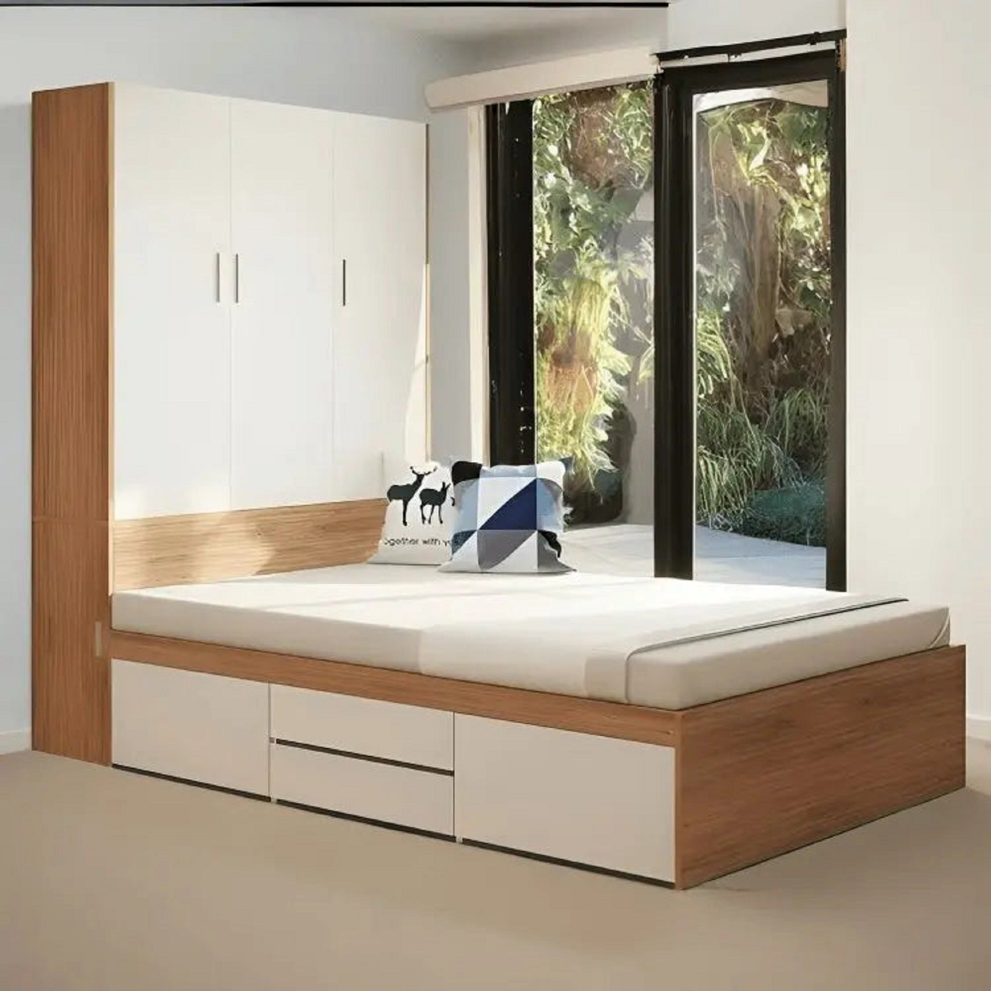 سرير كوين بدولاب خشب ام دي اف، 140*200*200 سم