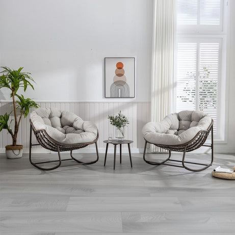 طقم كراسي هزاز خارجي مع ترابيزة خارجية ستيل وراتان، 3 قطع