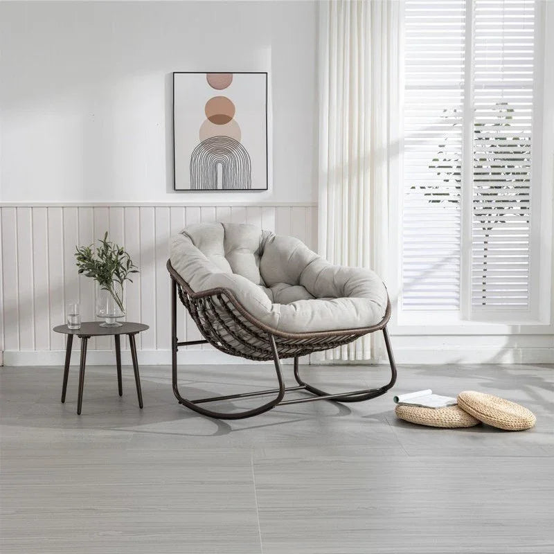 طقم كراسي هزاز خارجي مع ترابيزة خارجية ستيل وراتان، 3 قطع