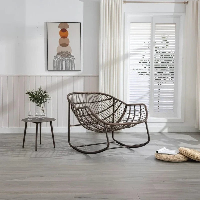 طقم كراسي هزاز خارجي مع ترابيزة خارجية ستيل وراتان، 3 قطع