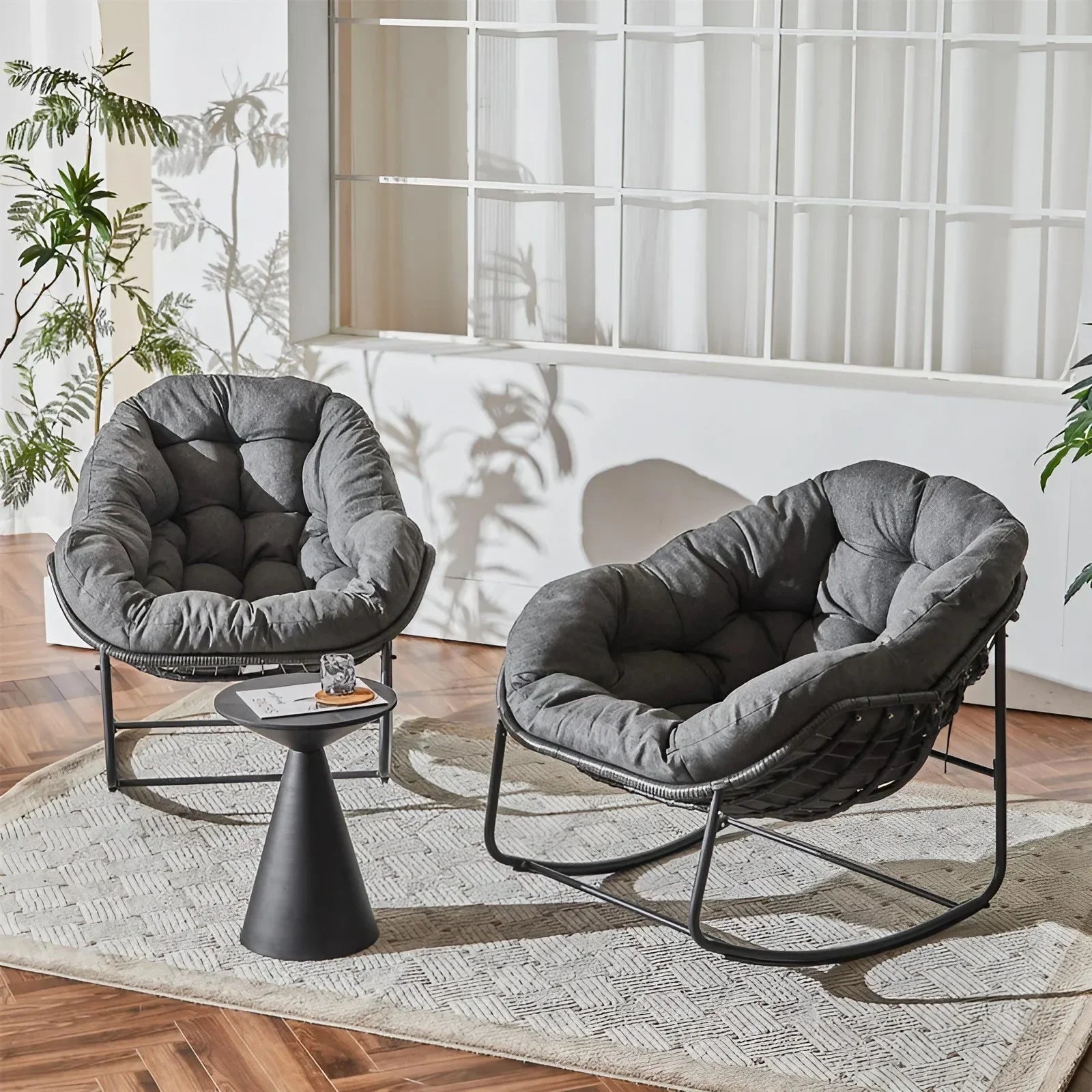 طقم كراسي هزاز خارجي مع ترابيزة خارجية ستيل ورتان، 3 قطع