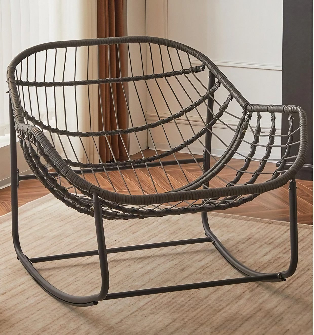 طقم كراسي هزاز خارجي مع ترابيزة خارجية ستيل ورتان، 3 قطع