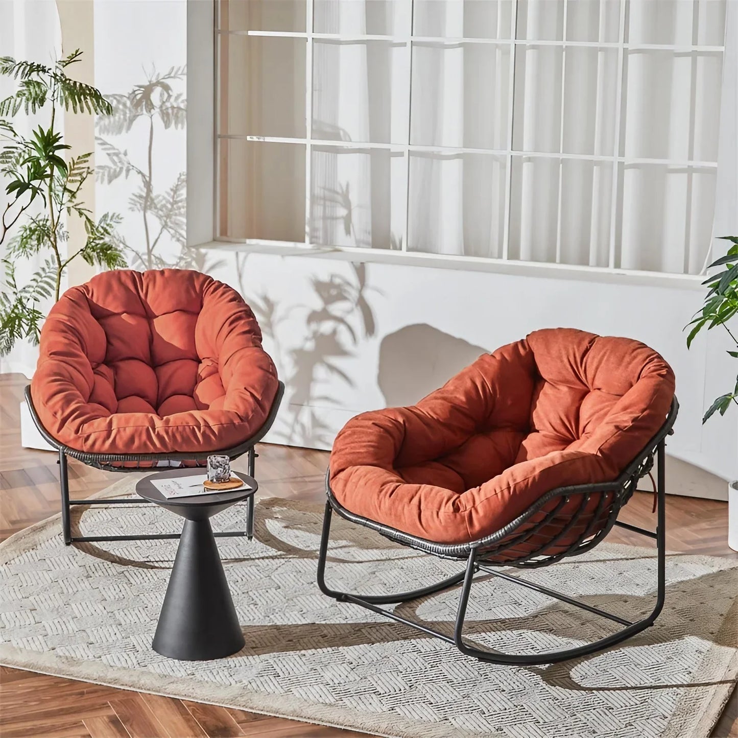 طقم كراسي هزاز خارجي مع ترابيزة خارجية ستيل ورتان، 3 قطع 