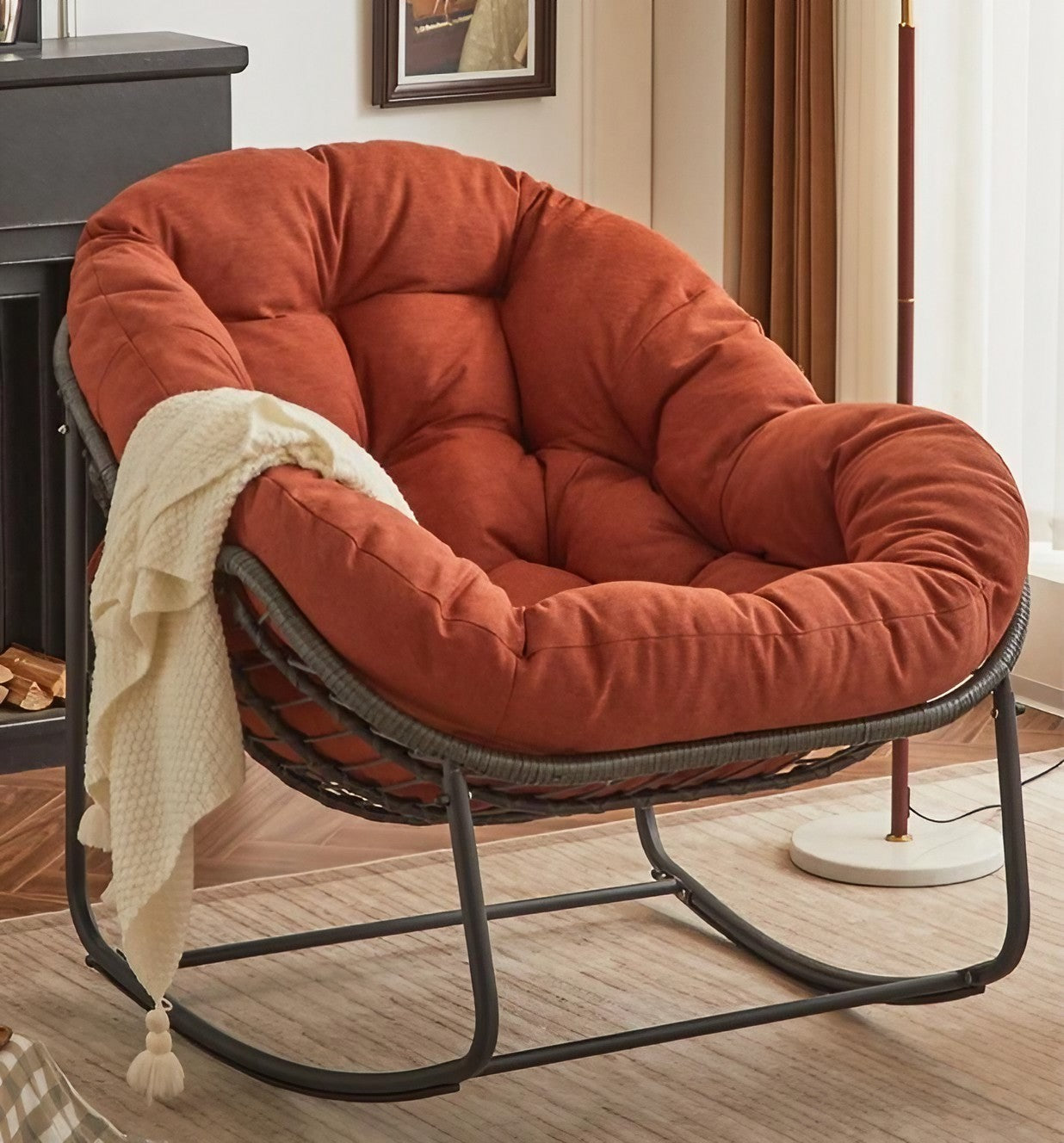 طقم كراسي هزاز خارجي مع ترابيزة خارجية ستيل وراتان، 3 قطع