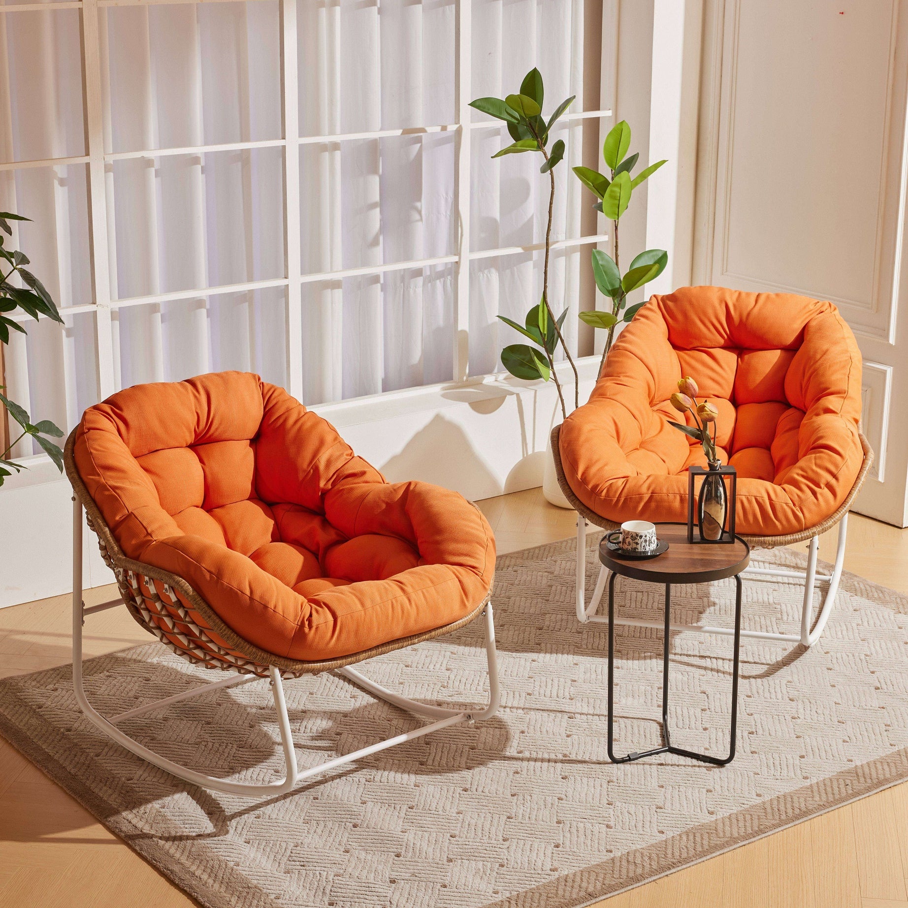 طقم كراسي هزاز خارجي مع ترابيزة خارجية ستيل ورتان، 3 قطع