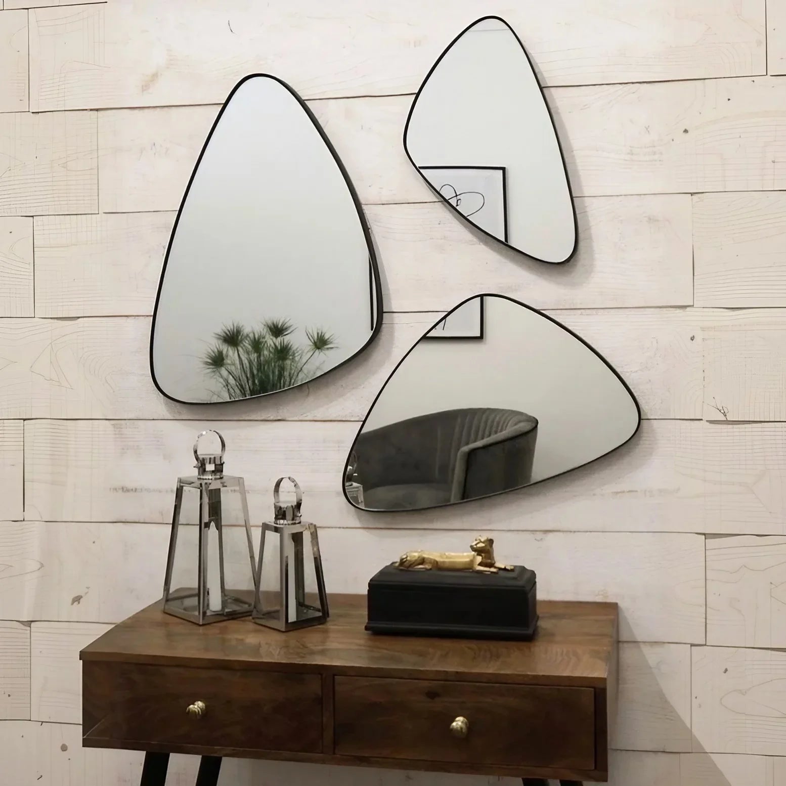 طقم مرايات حائط بإطار خشب ام دي اف، 3 قطع