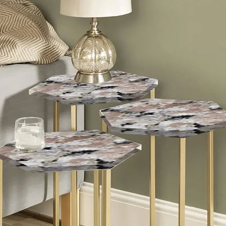 طقم ترابيزات جانبية معدن بسطح جرانيت، 3 قطع