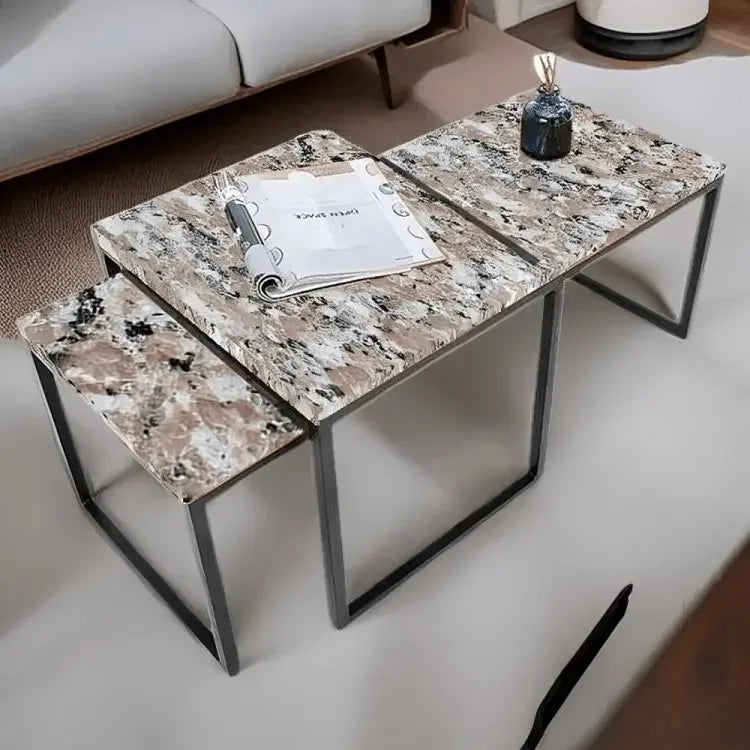 طقم ترابيزات قهوة معدن بسطح جرانيت، قطعتين