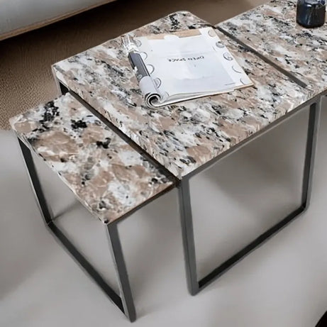 طقم ترابيزات قهوة معدن بسطح جرانيت، قطعتين