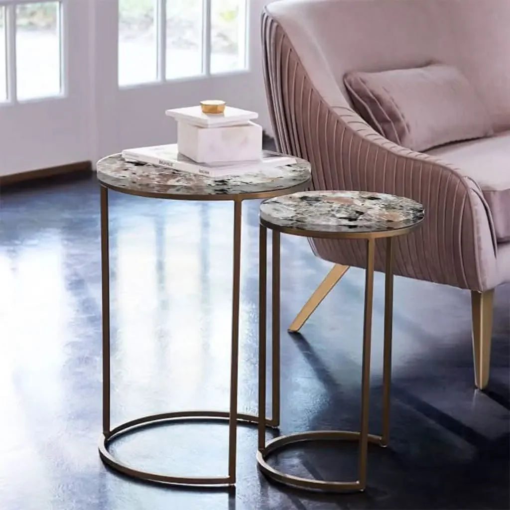 طقم ترابيزات جانبية متداخلة معدن بسطح جرانيت، قطعتين