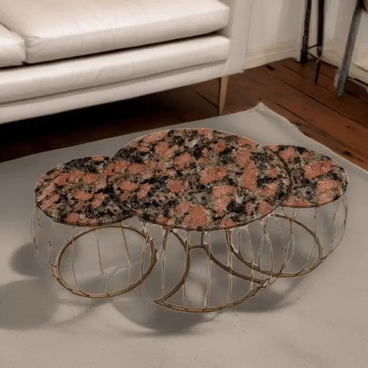 طقم ترابيزات قهوة معدن بسطح جرانيت، 3 قطع