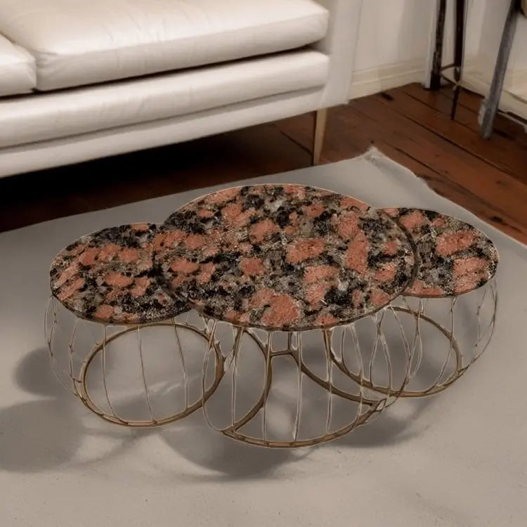 طقم ترابيزات قهوة معدن بسطح جرانيت، 3 قطع   