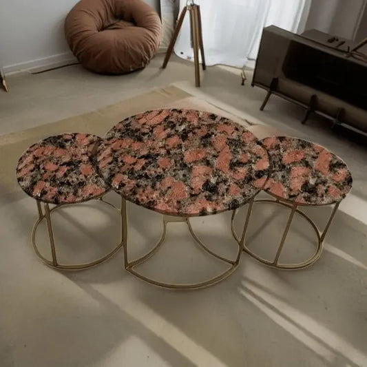 ترابيزة قهوة متداخلة معدن بسطح جرانيت، 3 قطع