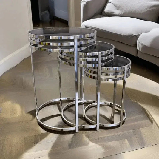 طقم ترابيزات جانبية ستيل بسطح زجاج، 3 قطع