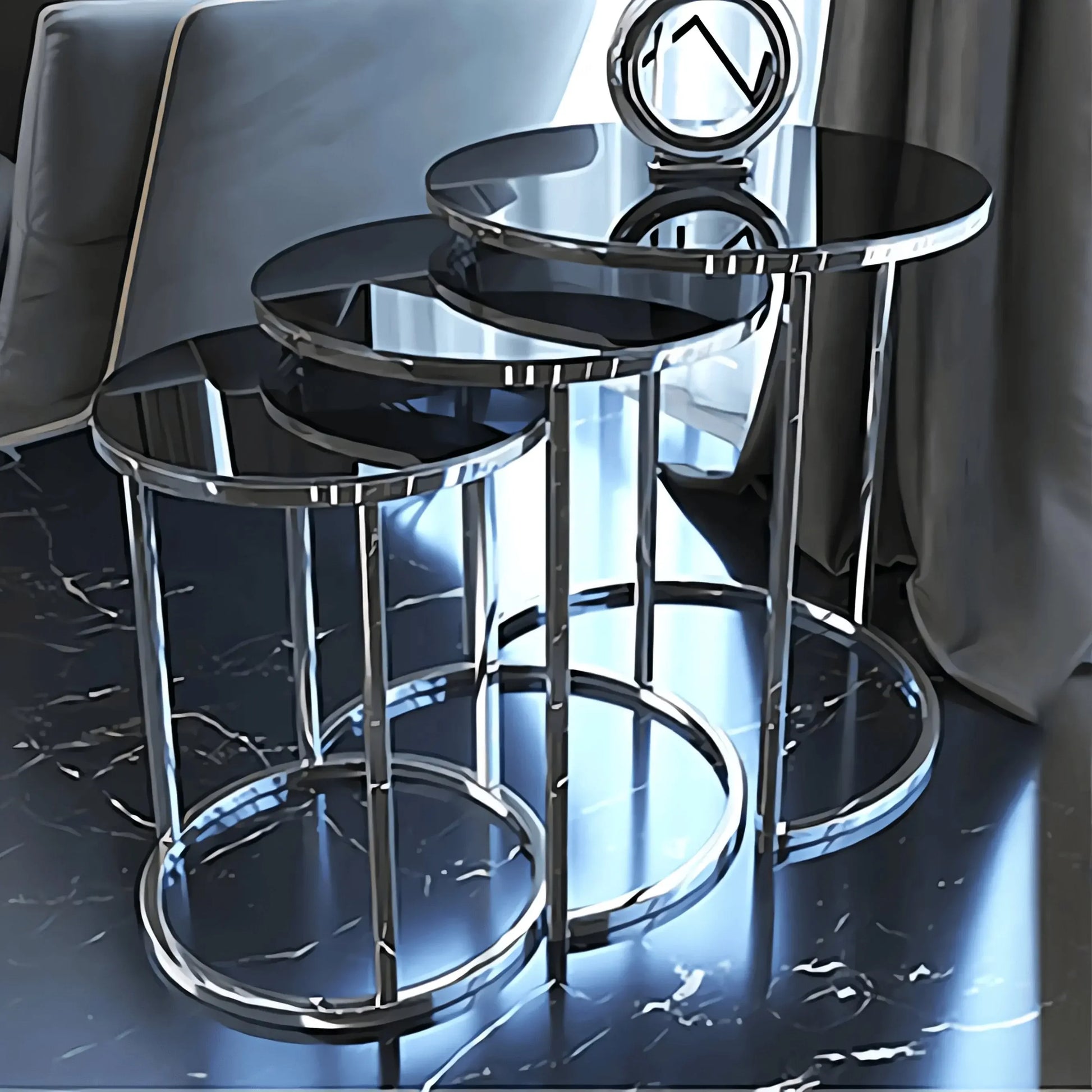 طقم ترابيزات جانبية متداخلة ستيل بسطح زجاج، 3 قطع