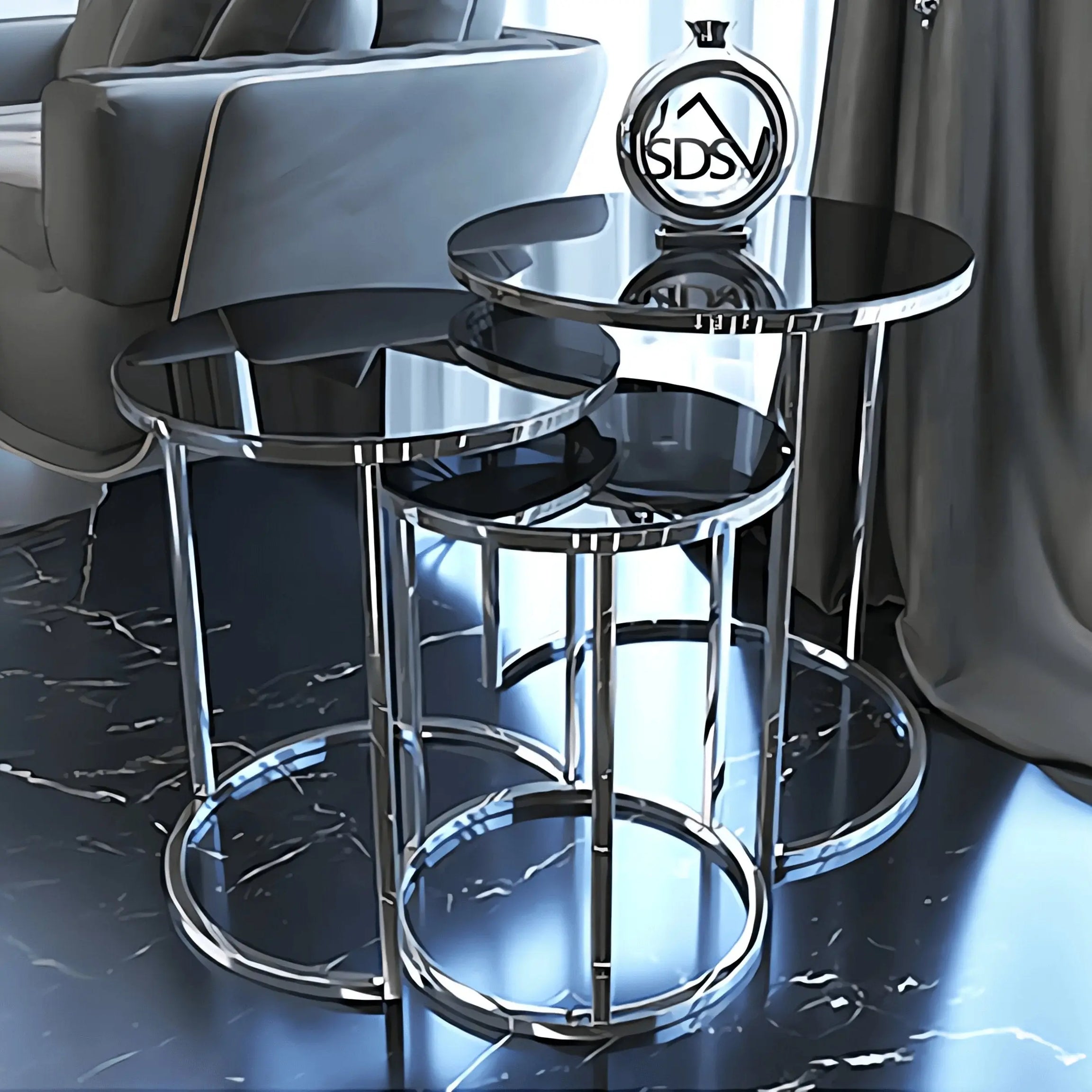 طقم ترابيزات جانبية متداخلة ستيل بسطح زجاج، 3 قطع