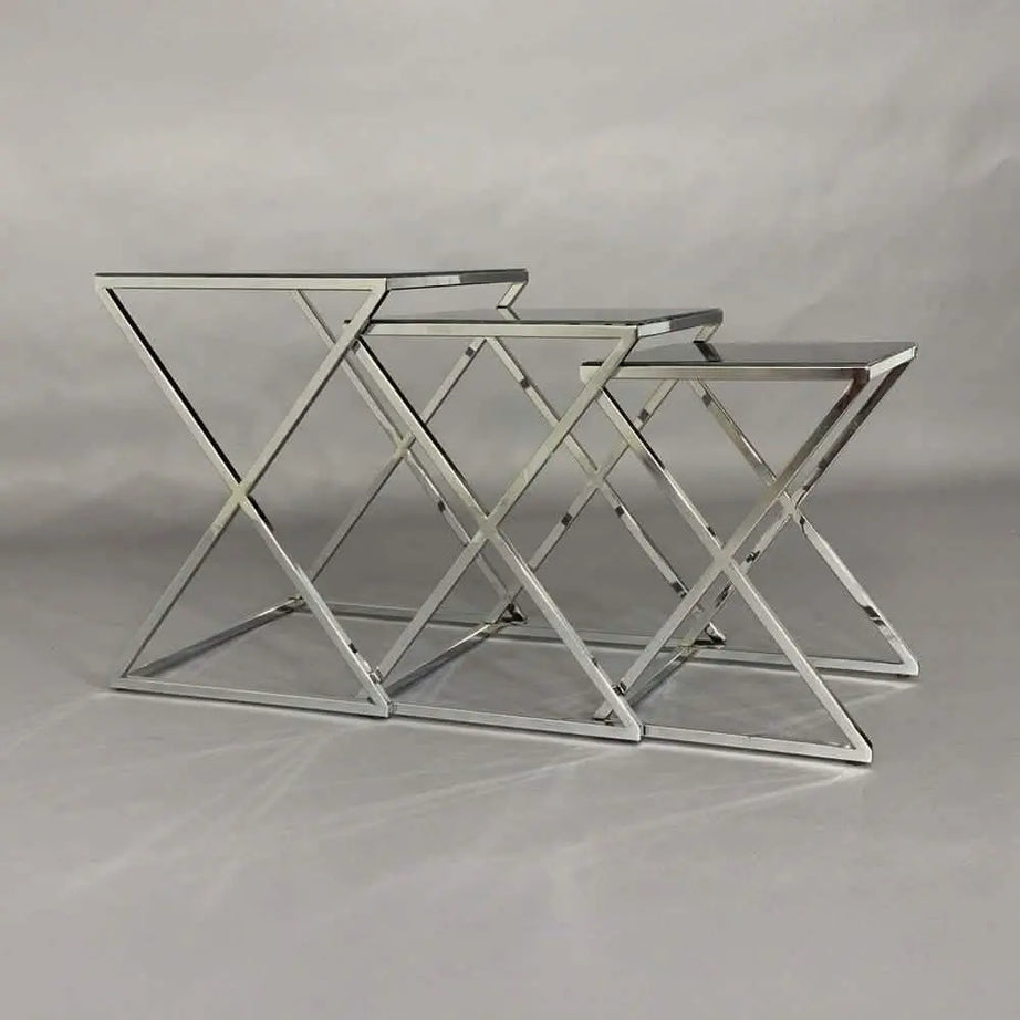 طقم ترابيزات جانبية متداخلة ستيل بسطح زجاج، 3 قطع