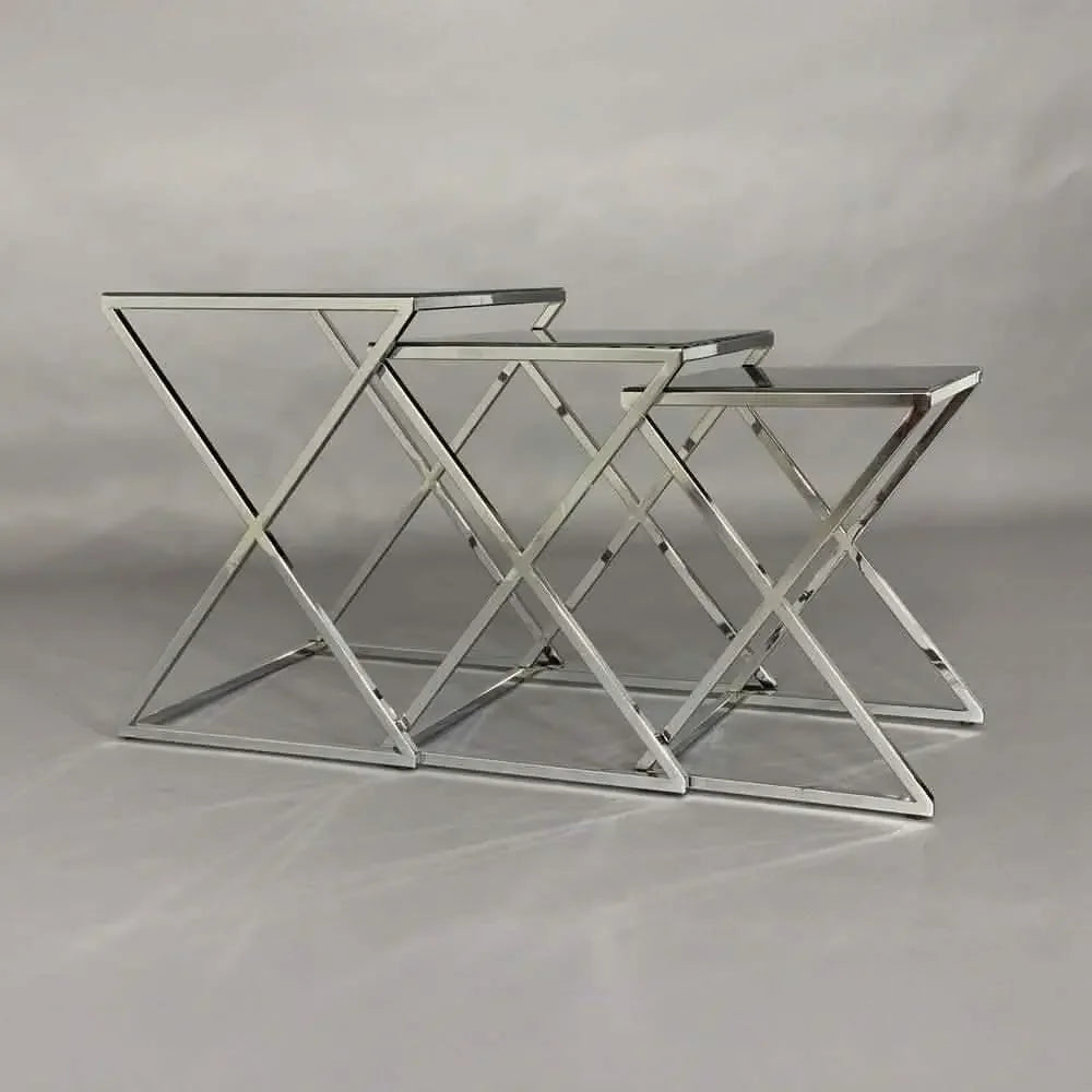 طقم ترابيزات جانبية متداخلة ستيل بسطح زجاج، 3 قطع