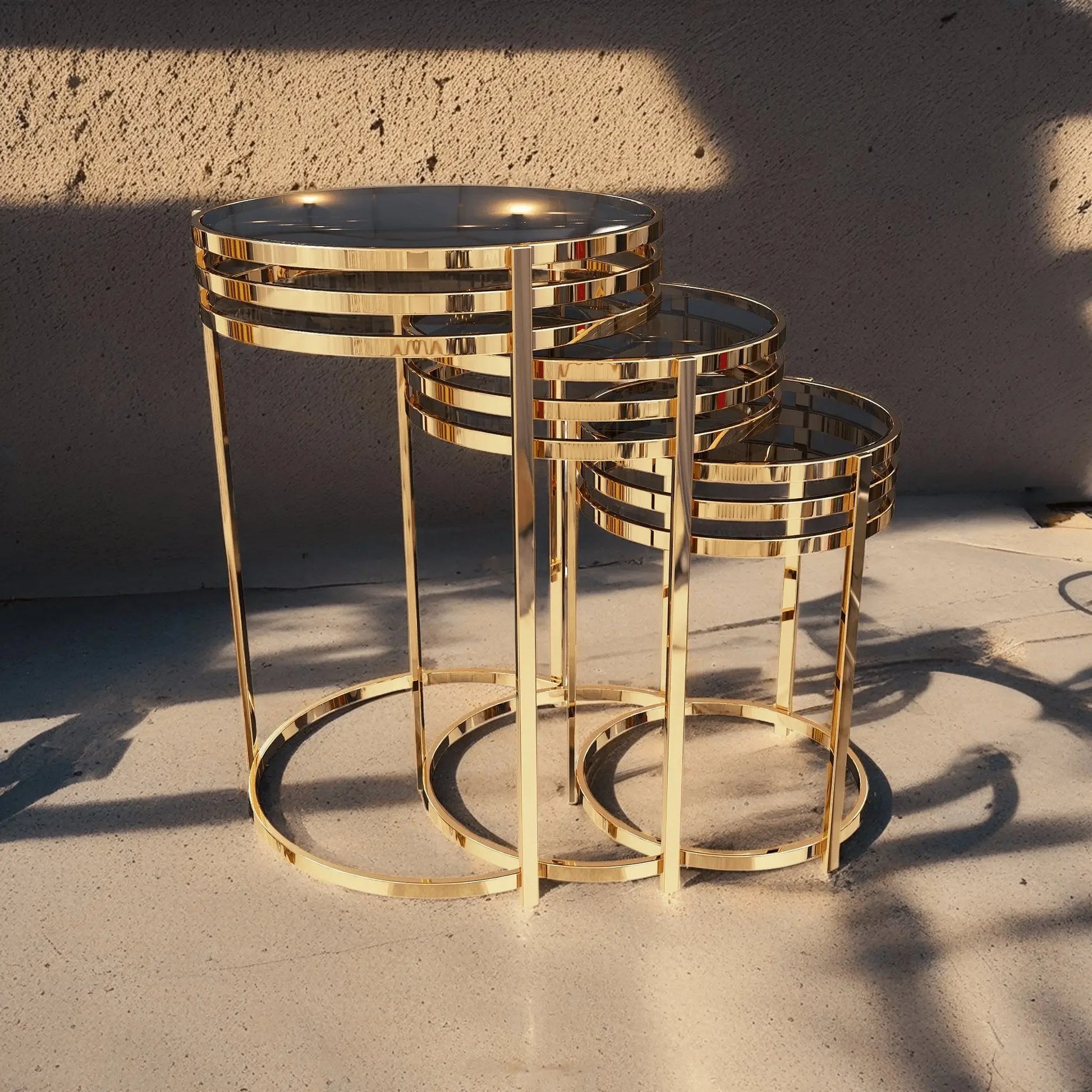 طقم ترابيزات جانبية متداخلة ستيل بسطح زجاج، 3 قطع