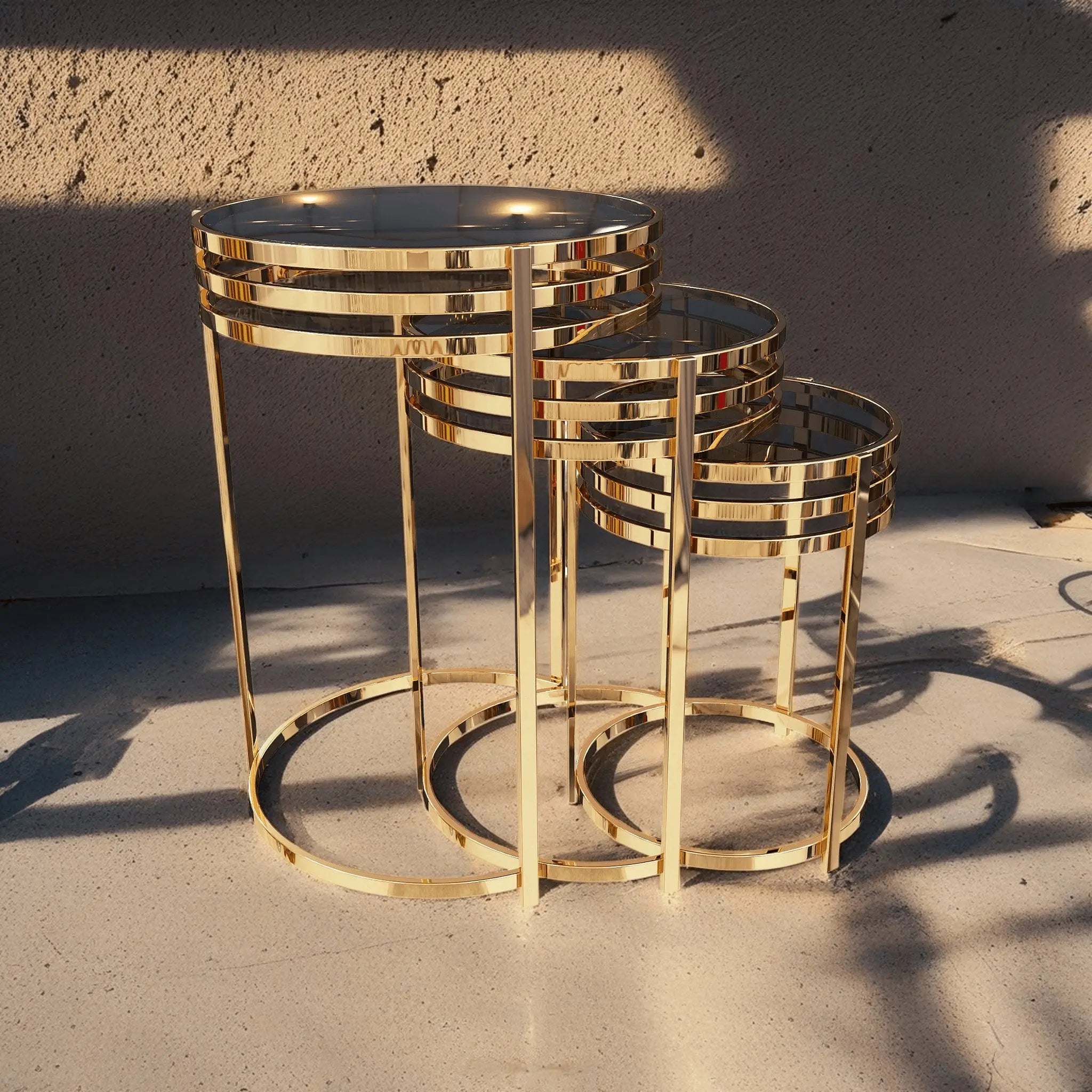 طقم ترابيزات جانبية متداخلة ستيل بسطح زجاج، 3 قطع