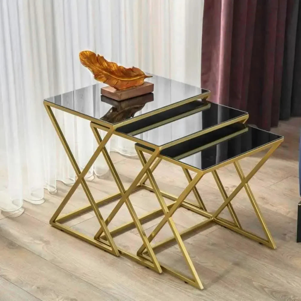 طقم ترابيزات جانبية متداخلة ستيل بسطح زجاج، 3 قطع