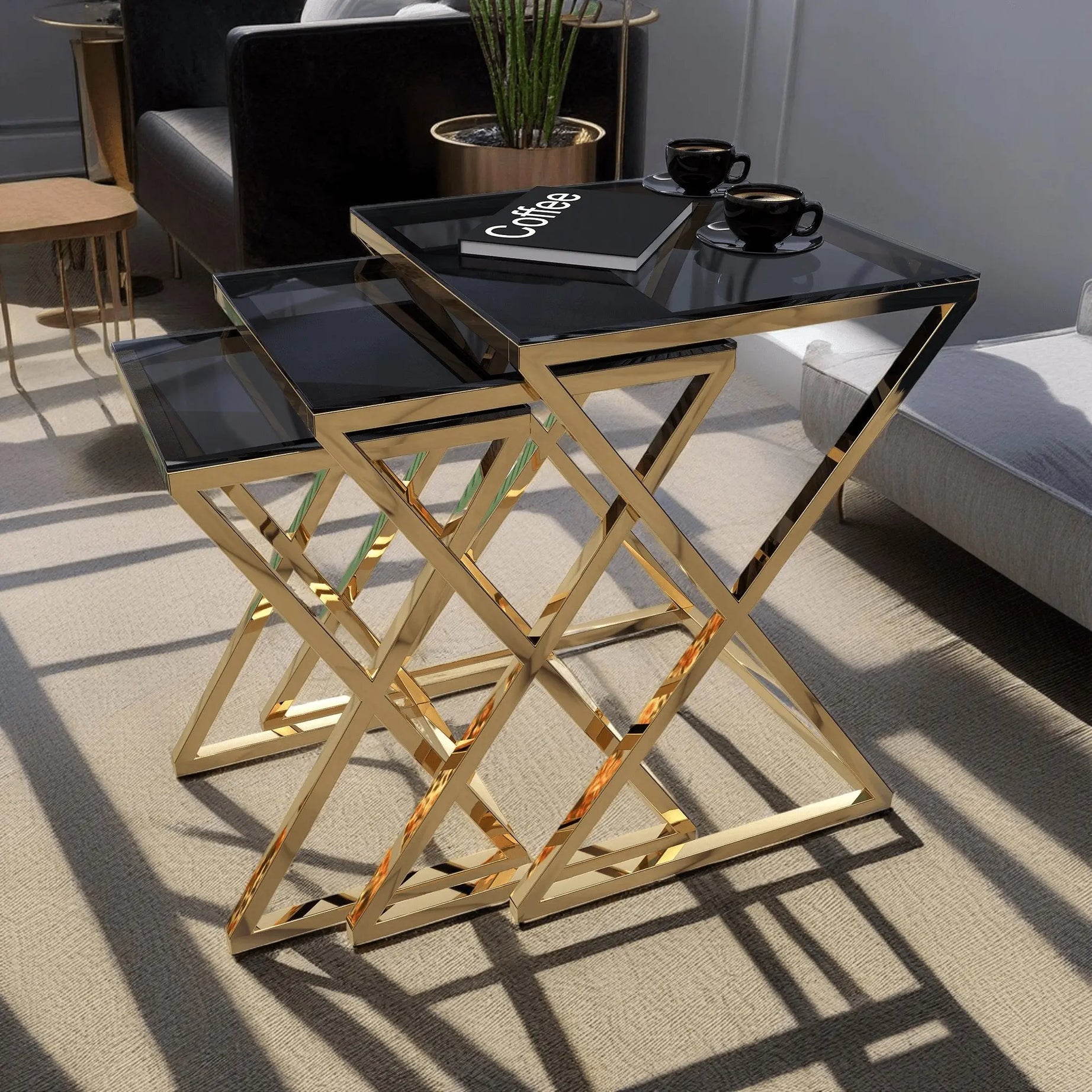 طقم ترابيزات جانبية متداخلة ستيل بسطح زجاج، 3 قطع