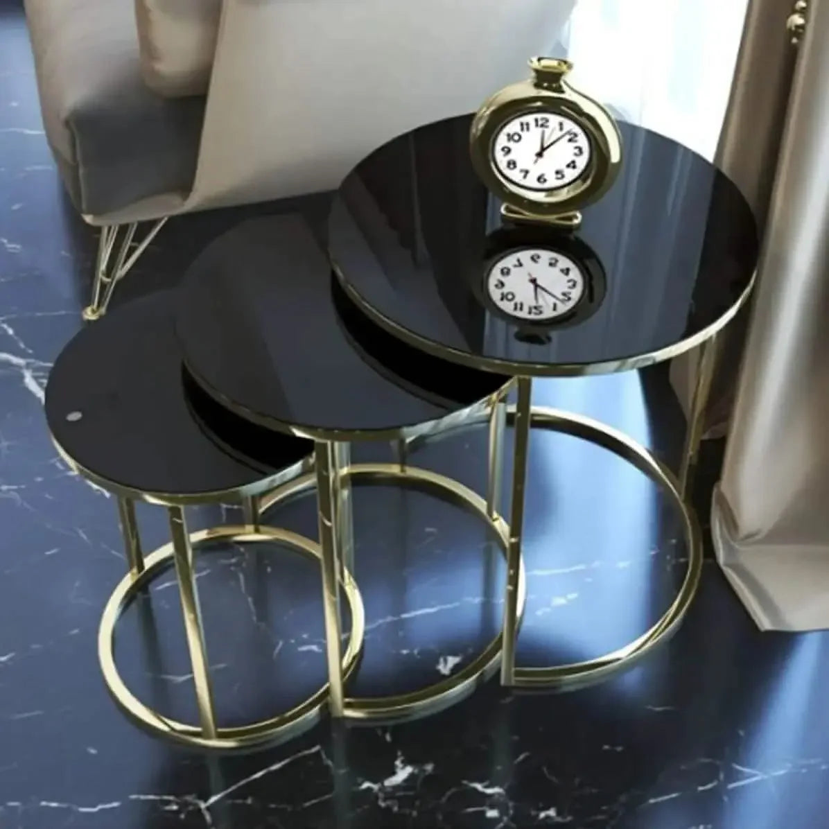 طقم ترابيزات جانبية متداخلة ستانلس ستيل بسطح زجاج، 3 قطع