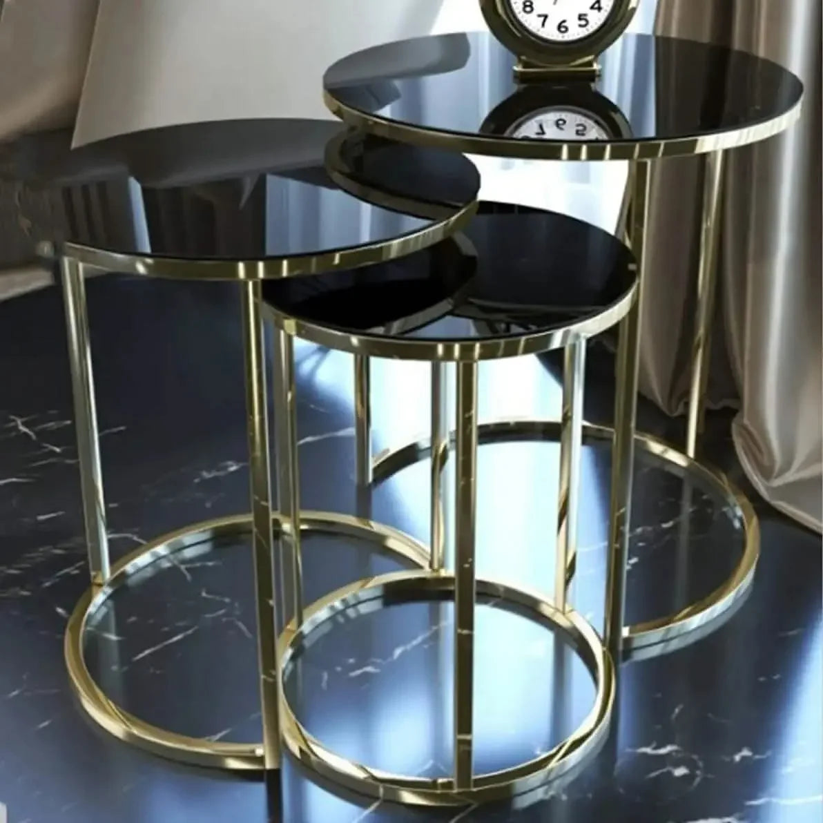 طقم ترابيزات جانبية متداخلة ستيل بسطح زجاج، 3 قطع