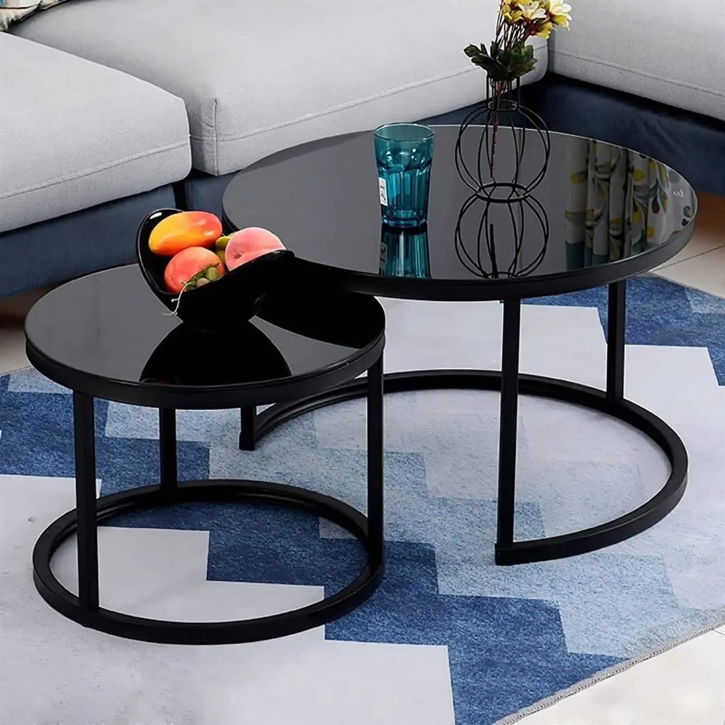 طقم ترابيزات قهوة متداخلة ستيل بسطح زجاج، قطعتين