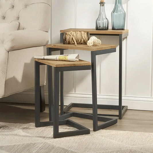 طقم ترابيزات جانبية متداخلة معدن بسطح خشب، 3 قطع