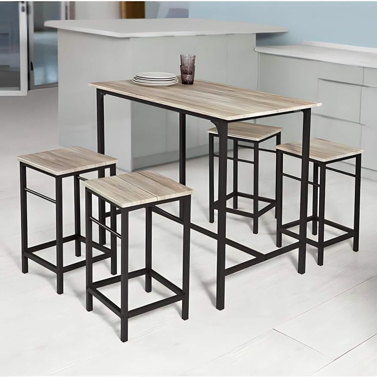 طقم سفرة ستيل وخشب ام دي اف، 5 قطع