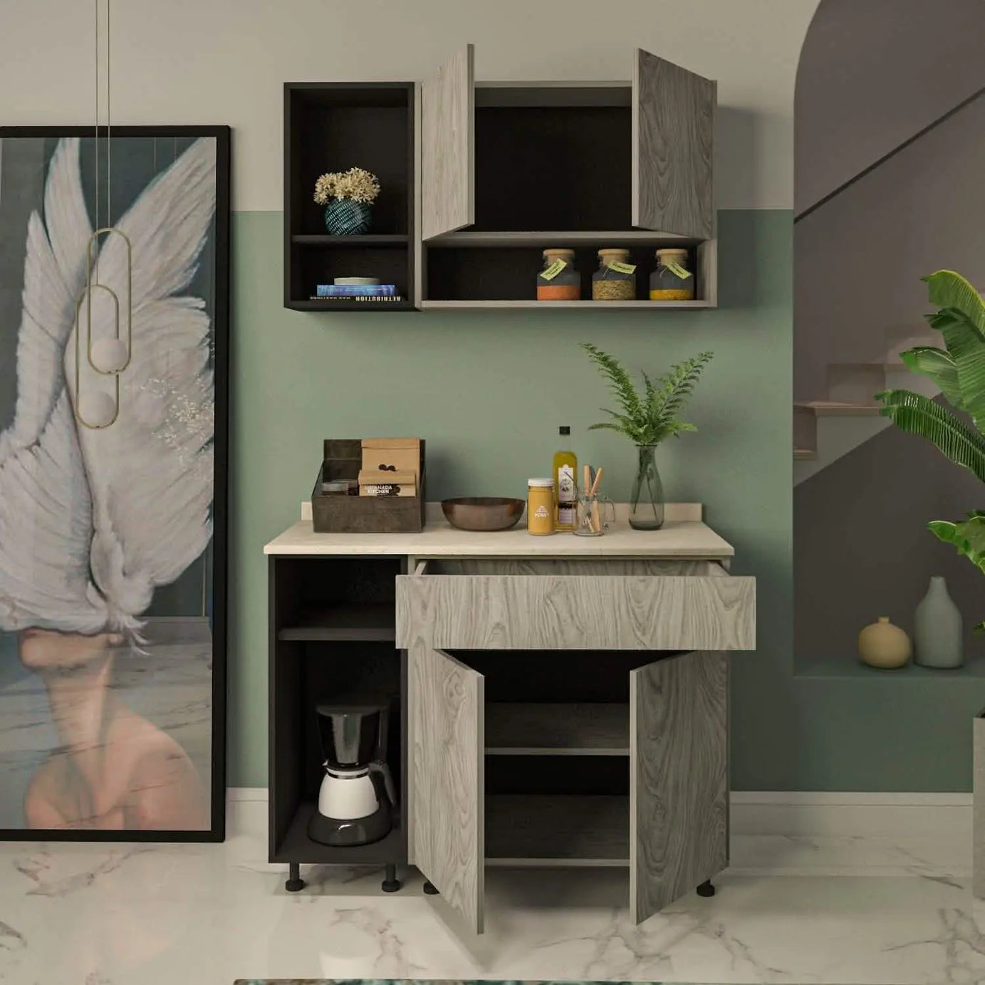 مطبخ خشب ام دي اف، قطعتين