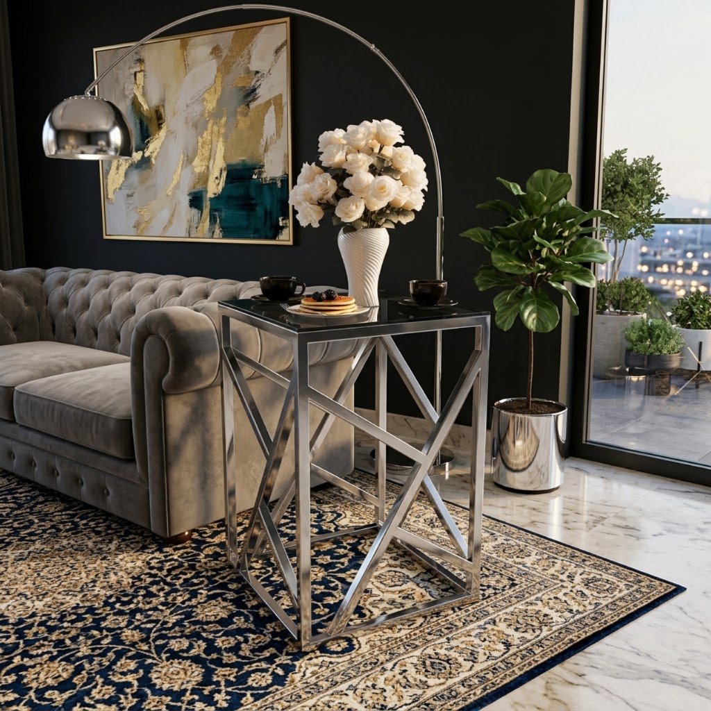 ترابيزة جانبية ستيل بسطح زجاج، 40*40*60 سم