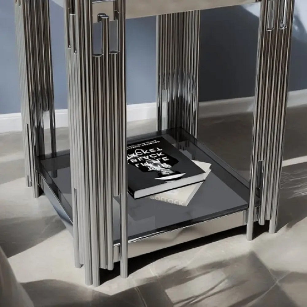 ترابيزة جانبية ستيل بسطح زجاج، 45*45*60 سم