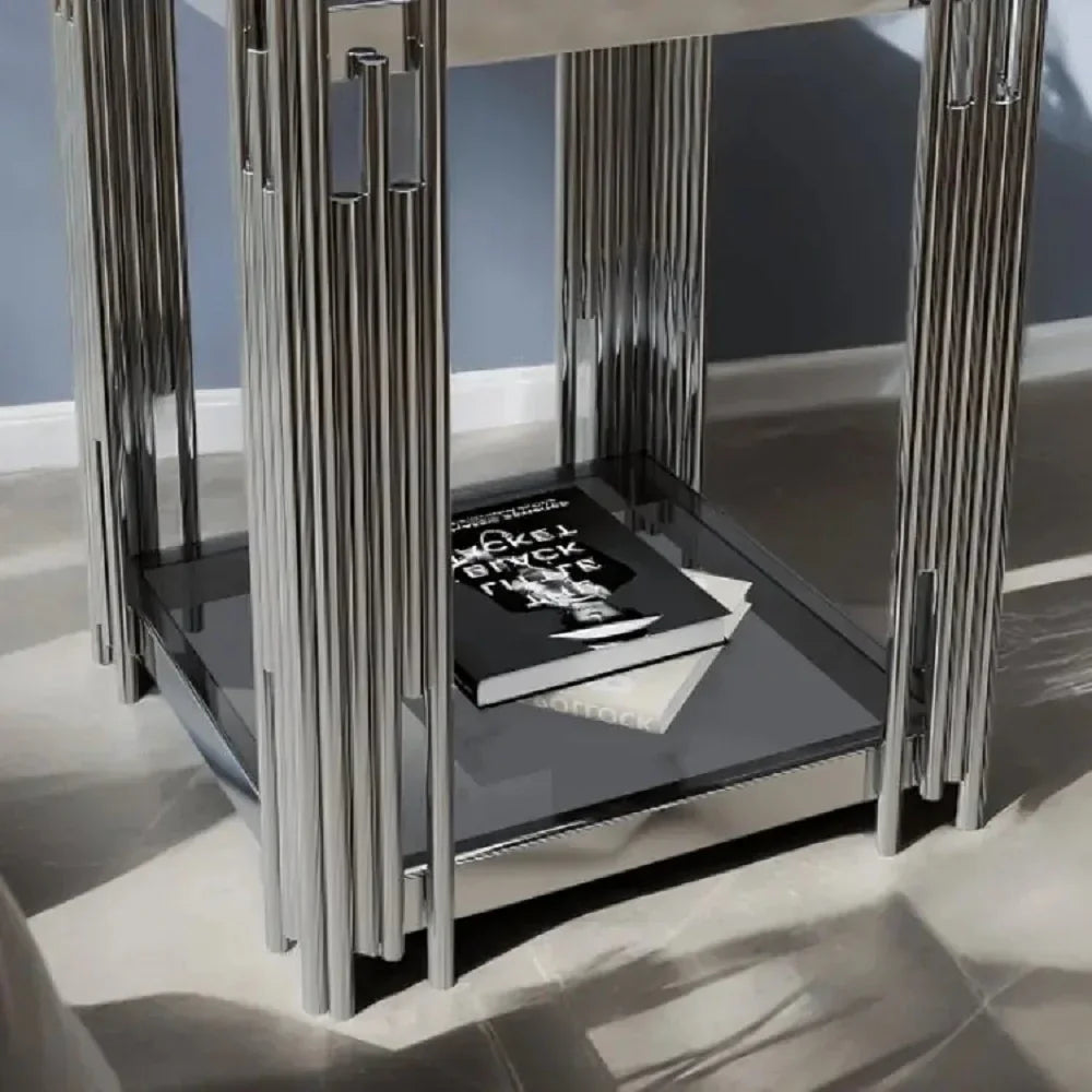 ترابيزة جانبية ستيل بسطح زجاج، 45*45*60 سم