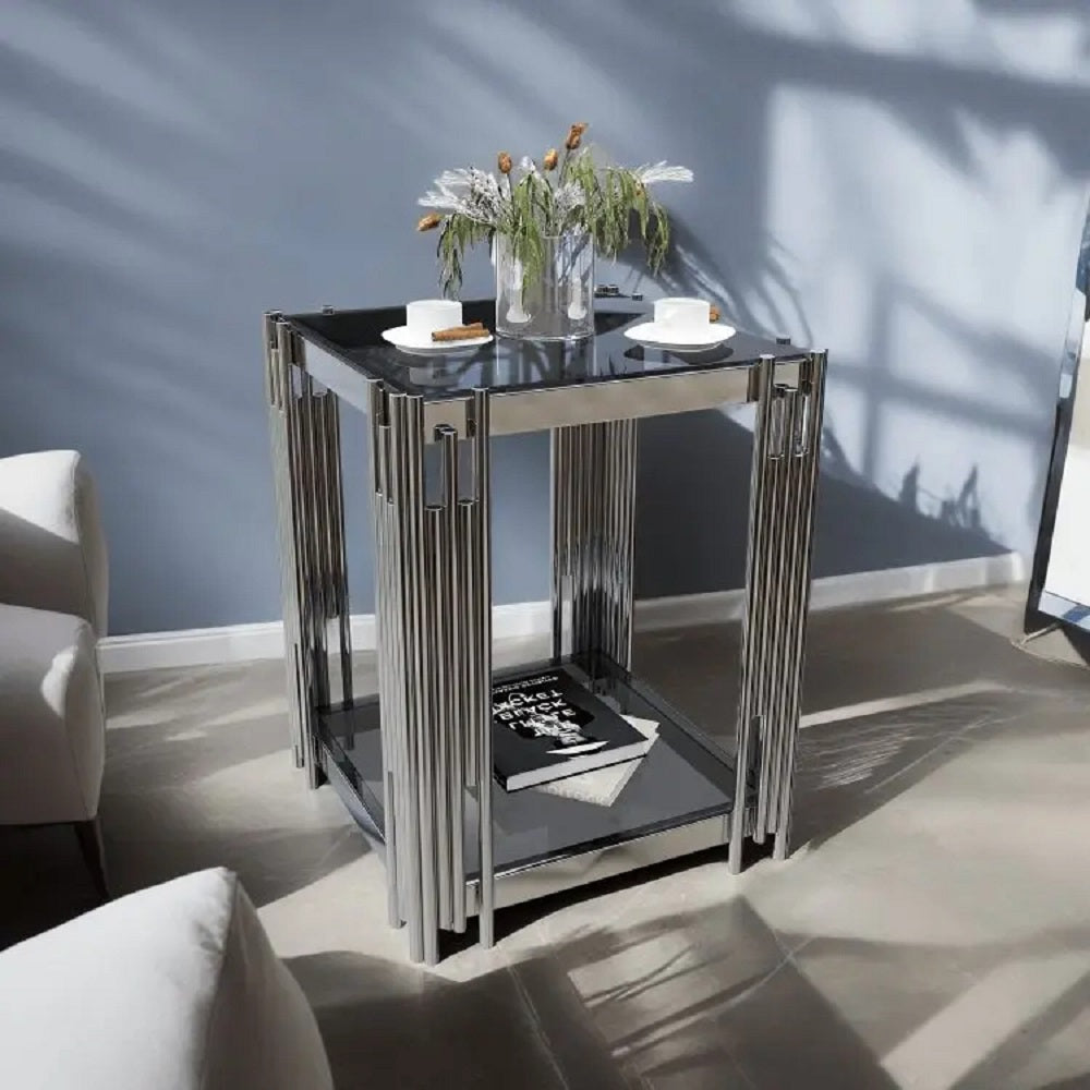 ترابيزة جانبية ستيل بسطح زجاج، 45*45*60 سم