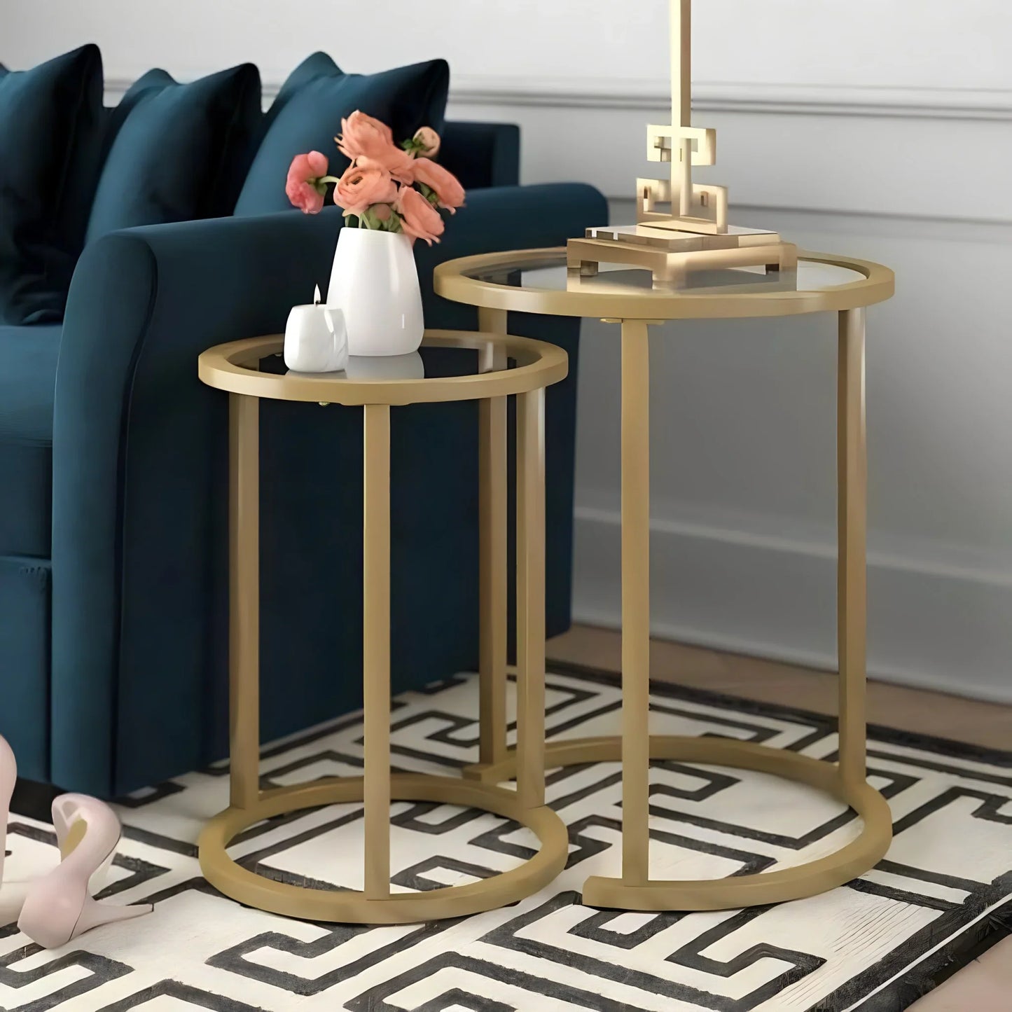 طقم ترابيزات قهوة متداخلة ستيل بسطح زجاج، قطعتين