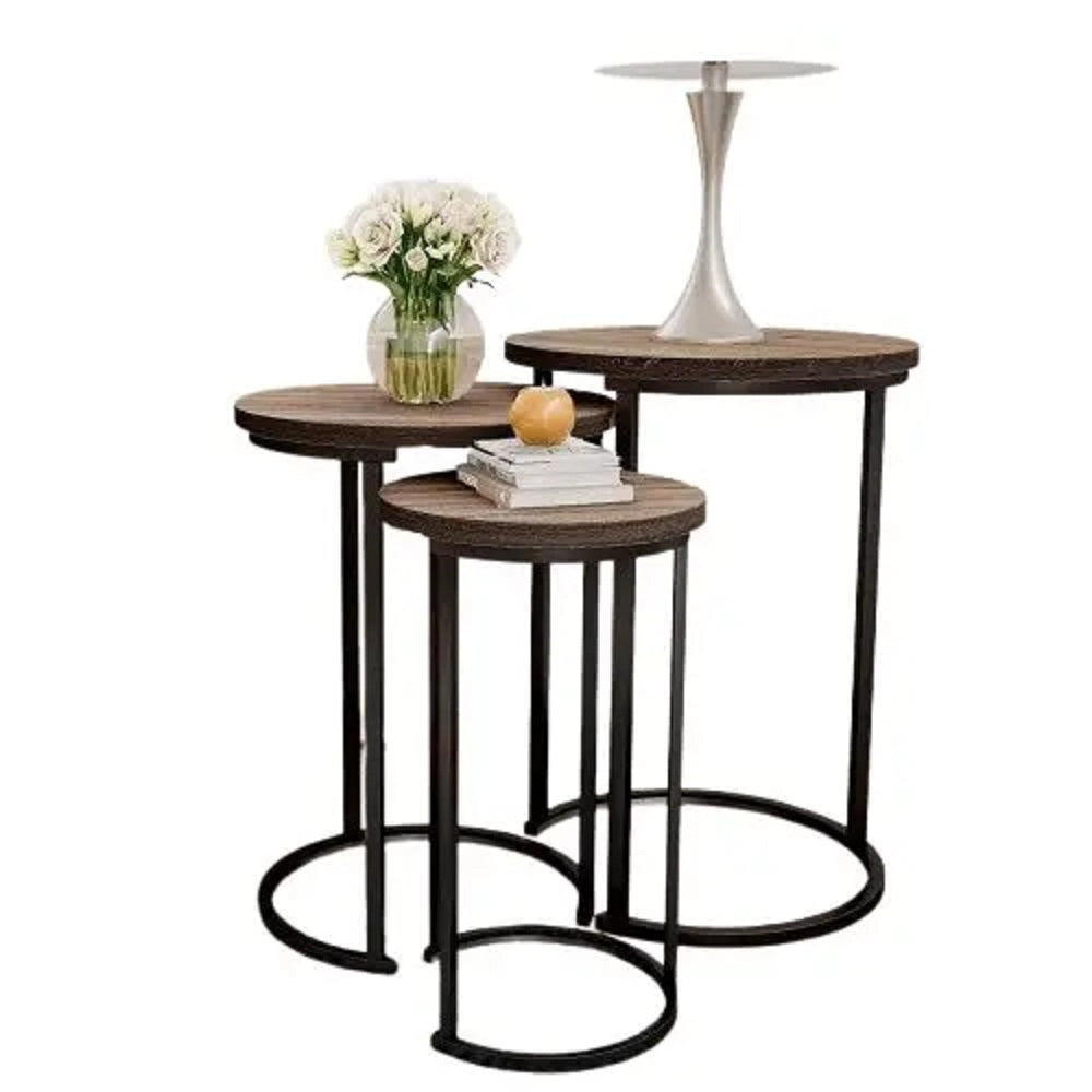 طقم ترابيزات جانبية متداخلة ستيل وخشب ام دي اف، 3 قطع