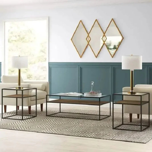 طقم ترابيزة قهوة مع ترابيزات جانبية ستيل ، 3 قطع