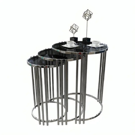 طقم ترابيزات جانبية ستيل بسطح زجاج، 3 قطع