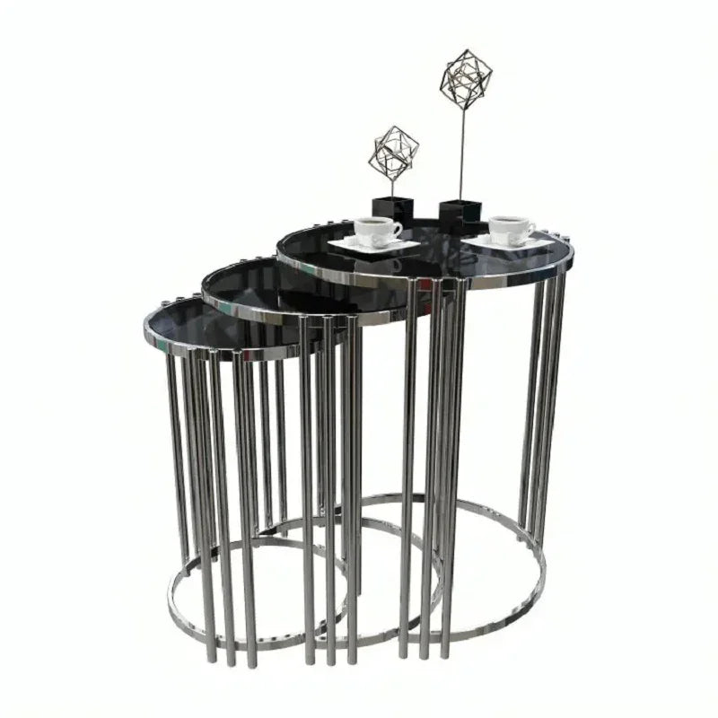 طقم ترابيزات جانبية ستيل بسطح زجاج، 3 قطع