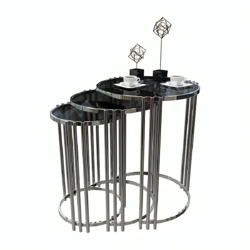 طقم ترابيزات جانبية ستيل بسطح زجاج، 3 قطع